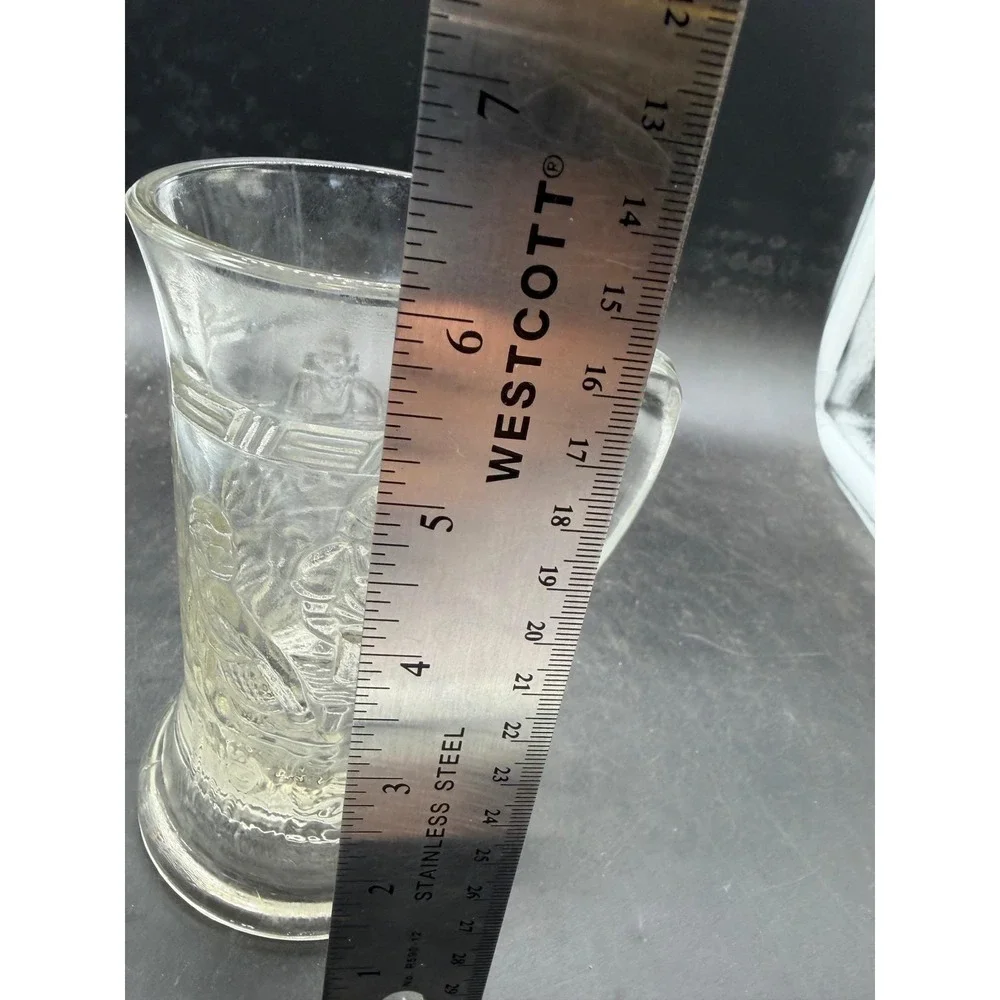 Vntg‎ Pressed Glass Beer Stein Tavern Scene Embossed Clear Glass Mug Collectible